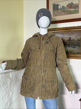 Roots Corduroy Hooded Military Green Zip Up Jacket